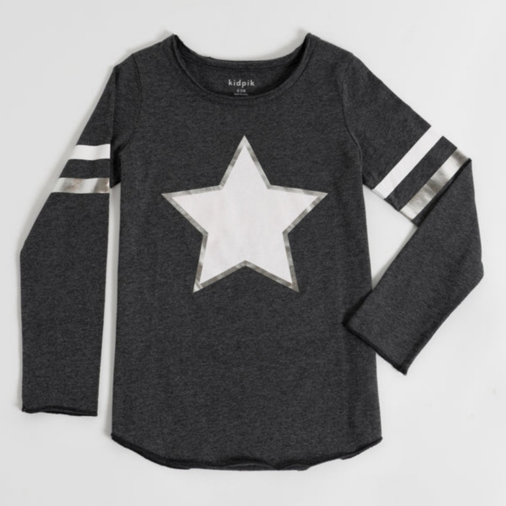 Kidpik Girls Gray Metallic Silver Star Football Graphic Tee Shirt Size XL 14
